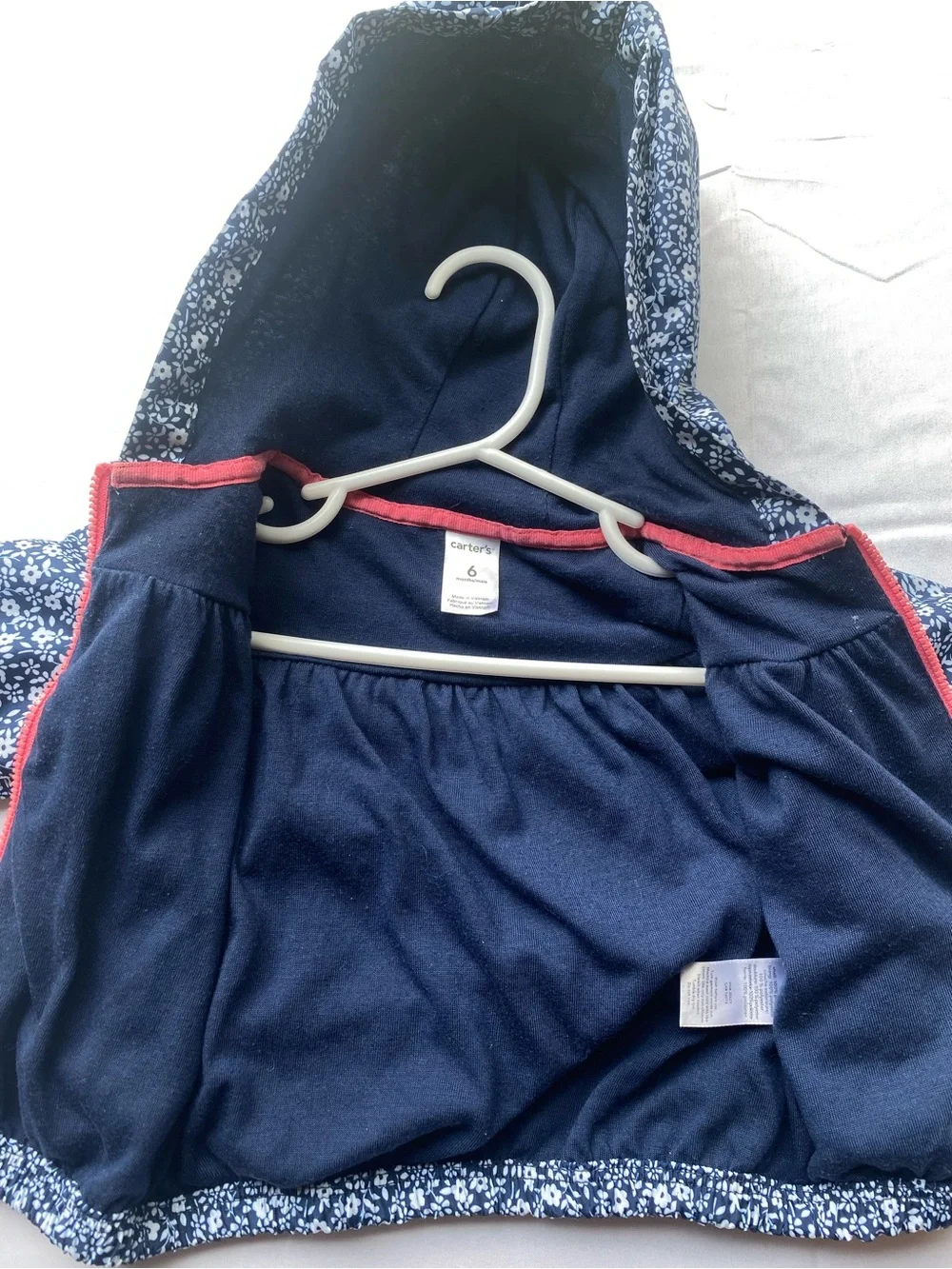 Carter's Baby 6m Navy Blue and White Floral Hooded Raincoat with Pink Zipper